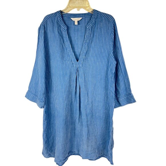 Garnet Hill Womens Blue & White Striped 100% Linen Tunic Dress V-Neck 3/4 Sleeve - Picture 3 of 15